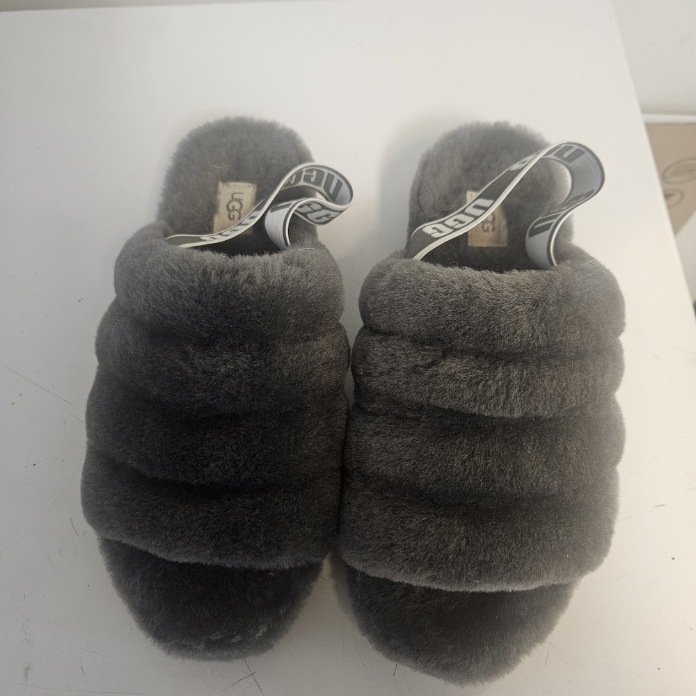 UGG Gray Fluffy Slide Slippers